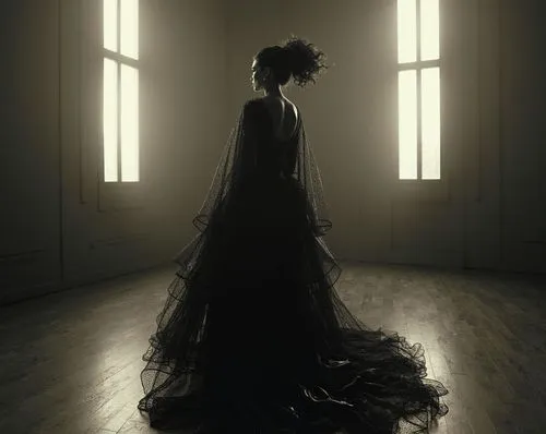 Fashion imagery ,Alexander Mcqueen vinyl outfit, Vogue Italia by Steven Klein
,black and white pograph of a woman standing in an empty room with her back to the camera,woman silhouette,ballroom dance 