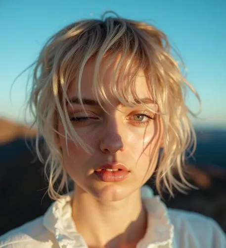 a portrait of a beautiful young woman aged 22 with short blonde hair and blue eyes, she winks with her eye and purses her mouth a little, the young woman wearing a white blouse.   The background is a 