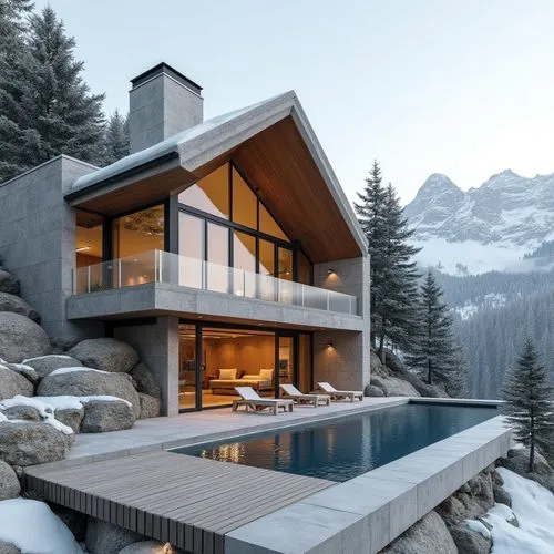 A hyper-realistic, high-resolution architectural photograph of a luxurious, alpine-style modern villa nestled in a mountainous landscape. The home features a prominent A-frame roof and is constructed 