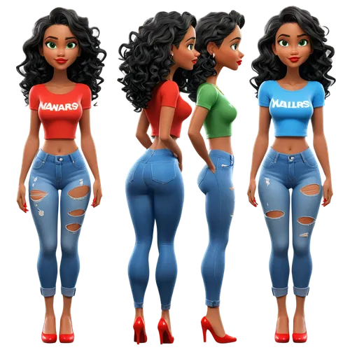 Create only high resolution images, pixar 3d, 4k, character sheet style, like a paper doll, A pose style. She must be wearing ripped denim leggings and a tight blue t-shirt with a deep collar. On her 