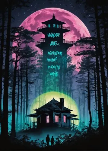 A captivating double exposure photograph in the style of Jignesh Chavda, featuring an eerie and abandoned building standing tall in a dense forest. The silhouette of the building is outlined against a