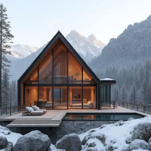 A hyper-realistic, high-resolution architectural photograph of a luxurious, alpine-style modern villa nestled in a mountainous landscape. The home features a prominent A-frame roof and is constructed 