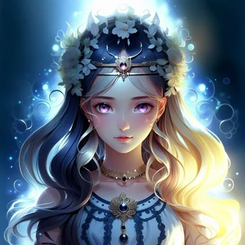 A young woman with glowing eyes,an anime image of a girl with blue hair,mystical portrait of a girl,fantasy portrait,luminous,priestess,vestal,queen of the night,jessamine,summer crown,star mother,elv