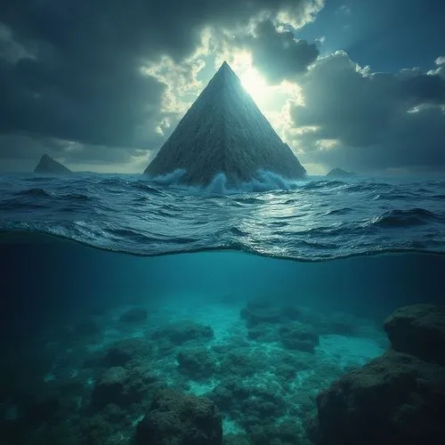 тайна бермудского треугольника,the view from under water, that shows an island,underwater landscape,cube sea,ocean underwater,icebergs,submerged,glass pyramid,underwater background,triangles backgroun