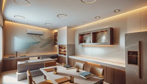 the interior of a large restaurant with two dining tables in front of a modern tv,interior modern design,modern kitchen interior,prefab,interior decoration,ceiling lighting,search interior solutions