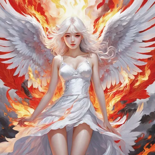 Cute Korean Wallpaper For Desktop Girl Angel White Hair Angel Wings And Red Eyes Fire Art,fire angel,angel,business angel,angel wing,angel wings,angelology,fallen angel,baroque angel,archangel,firebir