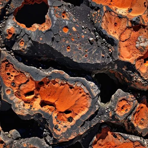 roccia spaccata nera con all'interno minerali preziosi arancioni,a group of rocks that have very many layers,solidified lava,mars i,porphyritic,lava river,petrographic,moon surface,lunar landscape,lun