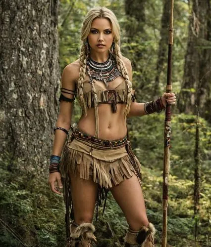 female algonquin blonde  warrior with familly indians,an indian woman in a costume posing for the camera,female warrior,warrior woman,tribal,barbarian,tribal arrows,fantasy warrior,amazonian,wood elf,