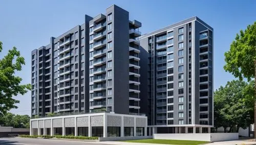 More photorealistic, blender render, vray rendering, Realistic, Residential building ,two black and white buildings with trees on each side,residential tower,residential building,new housing developme