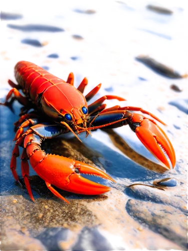 Crayfish, freshwater crustacean, bright blue eyes, orange claws, brown shell, detailed texture, shallow water, riverbed, morning sunlight, 3/4 composition, close-up shot, soft focus, warm color tone.,