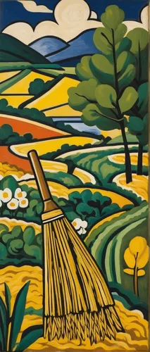 Describe a peaceful countryside scene with a rice straw broom,farm landscape,rural landscape,david bates,agricultural,threshing,agriculture,straw harvest,khokhloma painting,straw field,grain harvest,c