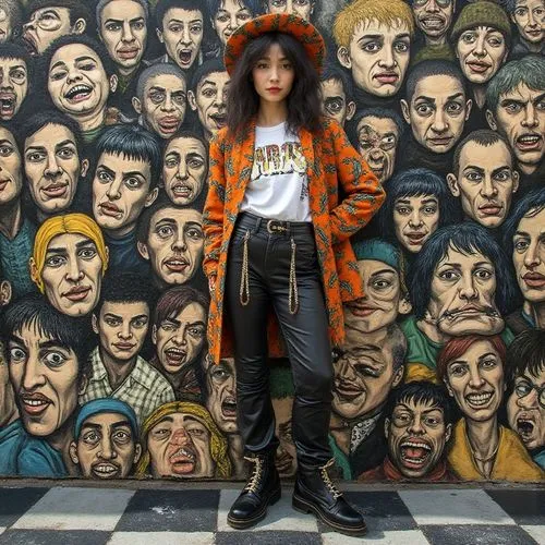 a girl in black pants and a red hat stands with a drawing of many heads,anorak,cola bottles,parka,woman in menswear,mural,jacket,subcultures,outerwear,stand out,portraits,icon collection,visuals,manne