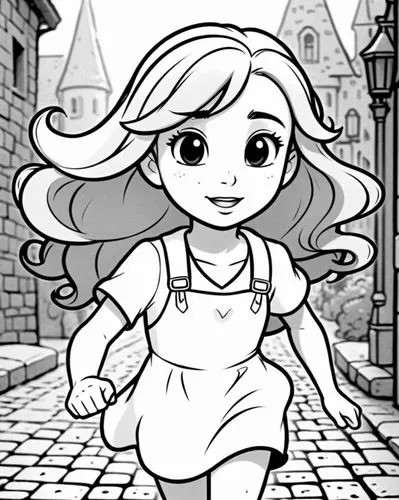 a Cartoon Girl, Disney Style,cartoon girl walking down the street with an apron on,little girl running,mineko,coloring pages kids,mono-line line art,line art children,coloring pages