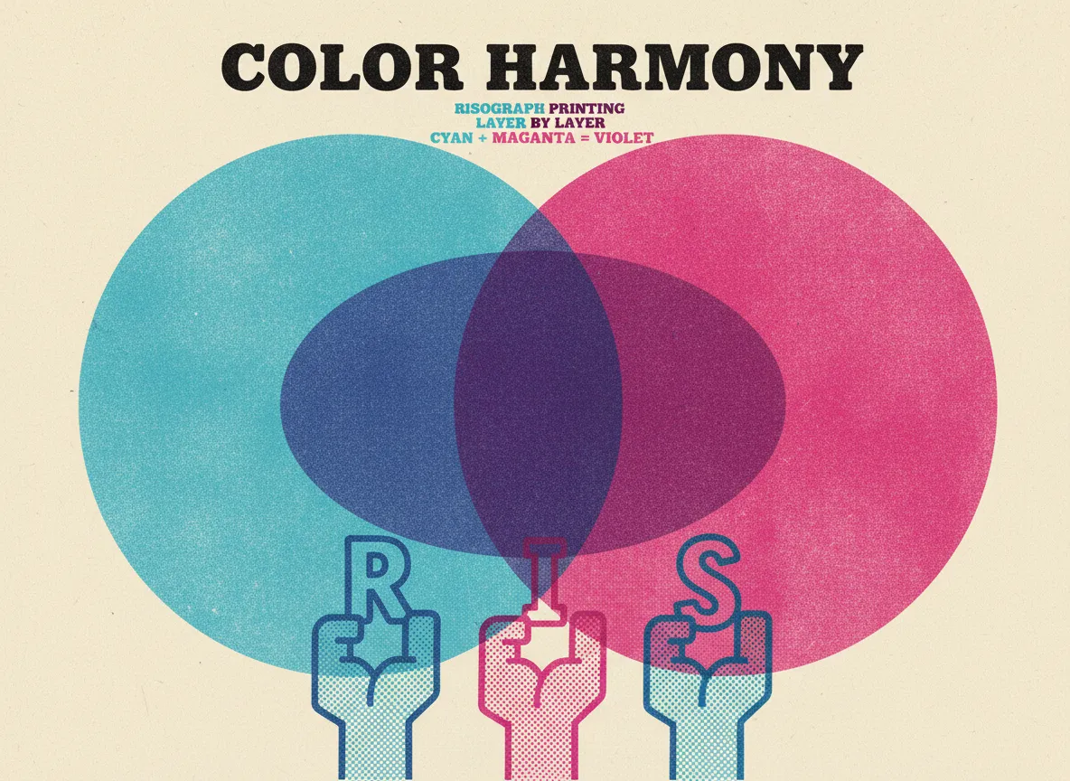एक पोस्टर डिज़ाइन जो Risograph शैली की ओवरलैपिंग कलर लेयर्स को प्रदर्शित करता है, यह दिखाता है कि कैसे सियान और मैजेंटा मिलने पर एक नया रंग बनाते हैं।