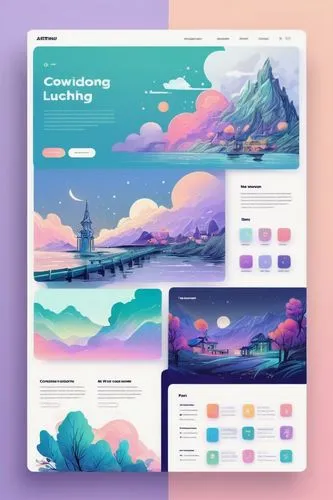 Digital art platform, online creative community, modern website interface, minimalist layout, pastel color scheme, illustrations of paints, brushes, colorful splatters, inspiration quotes, artistic fo