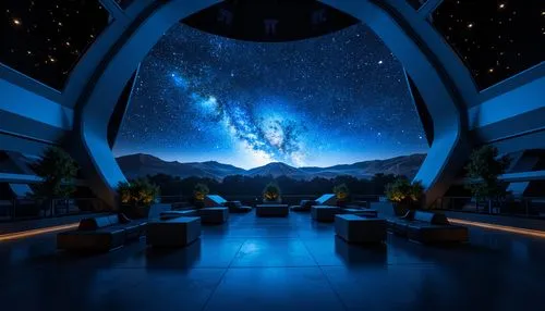 Cosmic planetarium, starry night sky, celestial bodies projection, immersive dome screen, 360-degree surround sound, dark blue ambiance, subtle LED lighting, fiber optic stars, soft glow accents, slee