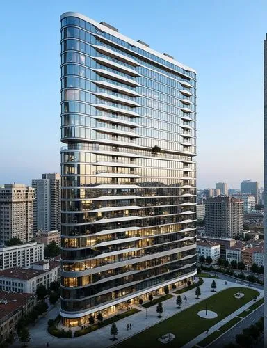 Modern winning award architectue, glass facade with white aluminium horizontal fins extruded to form the shadow, located in the hear of city, with big plaza in font, many people walking, nice ladnscap
