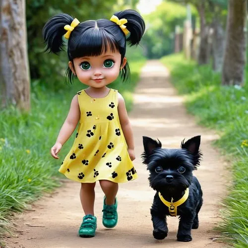 image of a little 3d-chibi girl girl walking in the zoo path way with black messy hair in pigtails, big green eyes, with a silly facial expression, wearing cute yellow dress with paw prints on it with
