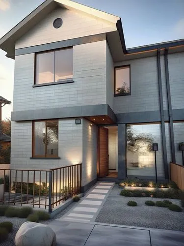 the front of a house at dusk with the lights on,modern house,3d rendering,prefab,render,passivhaus,prefabricated
