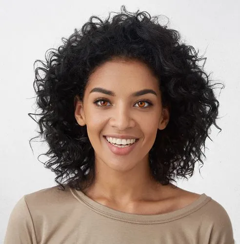 The pupils and whites of the eyes are orange.,a woman is wearing an uncut curly hair,eritrean,girl on a white background,hyperpigmentation,eritreans,invisalign,juvederm