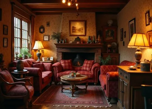 A warm and nostalgic indoor atmosphere with earthy tones and vintage patterns. The walls are adorned with intricate wallpaper, while wooden furnishings with a natural finish enhance the rustic charm. 