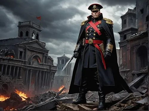 Warhammer 40k Commissar, male, stern expression, Imperial Aquila icon on chest, golden epaulets, black greatcoat, red sash, ornate power fist, bolter at hip, Imperial Guard uniform, tall boots, author