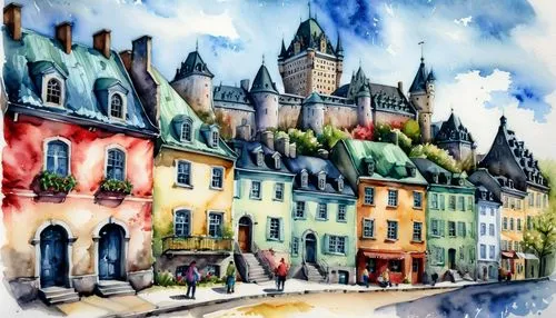  Old Quebec City, Conceptual Watercolor drawing,a painting of several colorful buildings on the street,watercolor paris,watercolor paris shops,watercolor paris balcony,montmartre,pierrefonds,martre,Il