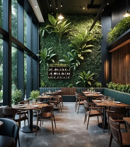 the interior of the restaurant has green plants and hanging lights,wintergarden,garden design sydney,landscape design sydney,winter garden,rainforest,tropical jungle,Photography,General,Realistic