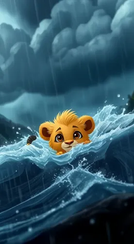 A small, fluffy baby lion, drenched and shivering, is caught in a raging river, desperately navigating through swirling currents. The sky above is dark and ominous, with thick, rolling storm clouds un
