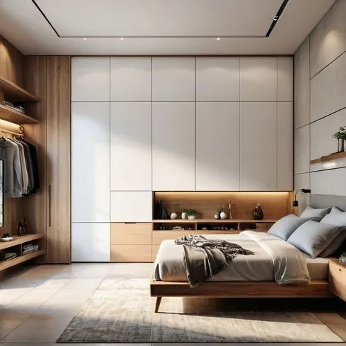 This room exemplifies minimalist aesthetics with its clean lines and neutral colors. The use of tile flooring for the floor and the wardrobe complements the overall warm and inviting ambiance of the s
