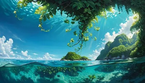 цветущие тропические лианы, прозрачная вода океана,  реалистичные отражения, тени, тропические острова,
,a computer generated picture of the view from underwater,underwater oasis,underwater background