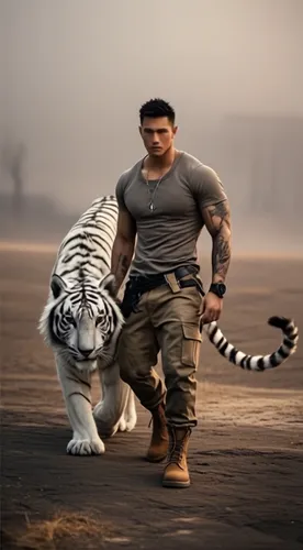 a man is walking behind a white tiger,white tiger,rajah,a tiger,big cat,tiger,tigerish