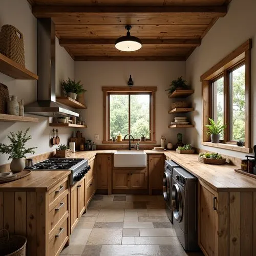 Rustic laundry room, craftsman style cabinetry, butcher block countertops, earthy tone wood accents, vintage metal appliances, woven baskets, natural stone flooring, exposed wooden beams, warm soft li