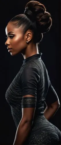 A detailed 3D render of a ebony woman, her hair tied up in a high ponytail with subtle eye makeup, set against a deep black backdrop. The subject is positioned slightly to the left of the center, addi