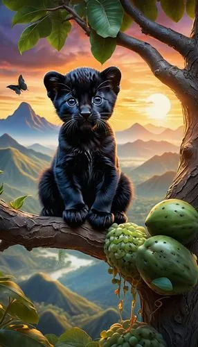 a small black cat sitting on a tree branch,oak kitten,dusk background,nature background,world digital painting,art background,cacao,digital painting,cute cat,landscape background,laptop wallpaper,kitt