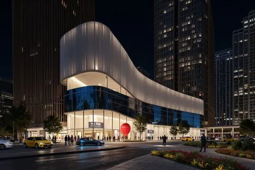 A digital rendering of a futuristic building with a curved glass facade at night. the building is situated in the middle of a busy city street, surrounded by tall skyscrapers. The and the street is il