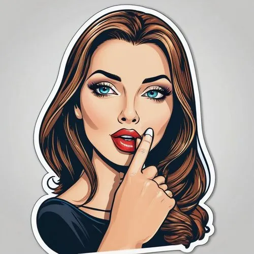 A cartoon sticker of an attractive woman with her finger on her lips signaling silence, a close-up view highlighting her captivating eyes and subtle smile, a simple white background emphasizing her fi