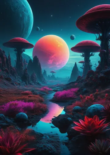 a landscape with fantasy land and water,mushroom landscape,alien planet,futuristic landscape,alien world,fantasy landscape,fractal environment