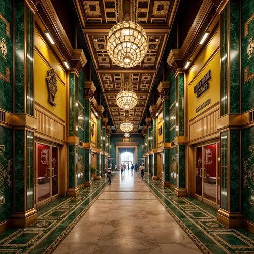 Opulent distribution centers, metallic accents, polished chrome details, luxurious marble floors, intricate geometric patterns, ornate ceilings, lavish chandeliers, rich jewel-toned color scheme, emer