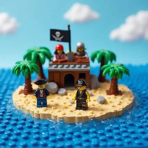 Vibrant LEGO pirate treasure island diorama. The island, made of tan LEGO plates for sand, is surrounded by blue LEGO plates representing water. It features a rustic LEGO fort or shack built from brow
