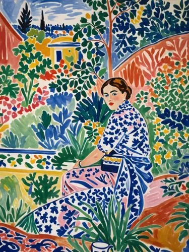 a painting of a woman sitting outside,girl in the garden,woman sitting,girl picking flowers,fauvist,woman on bed,work in the garden
