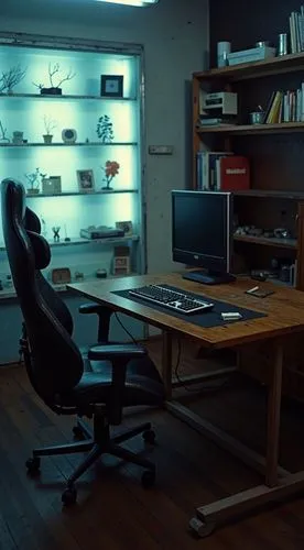A dimly lit, run-down gaming setup in a neglected Taiwanese room.a scratched, worn-out wooden desk, surrounded by peeling, stained concrete walls. The fluorescent tube light above ㄍceiling casts a col