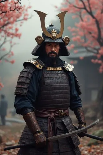 Traditional samurai warrior. Shogun. Ashikaga Shogunate. Traditional samurai armor. Helmet. Making movements with katana. In a Japanese castle. Photo. Hyper-realistic image. Perfect. Japanese landscap