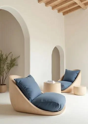 A tranquil and minimalist indoor design emphasizing organic forms and natural materials. The atmosphere is serene and spacious, featuring a neutral palette dominated by soft whites, warm beiges, and s