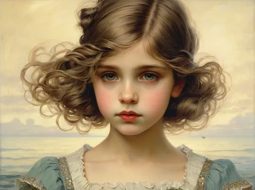 Alfred Guillou Fisher girl,emile vernon,portrait of a girl,bouguereau,mystical portrait of a girl,young girl,child portrait,girl portrait,young woman,romantic portrait,fantasy portrait,girl in a long,