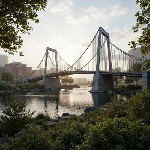 Calming bridge, gentle curves, steel arches, suspended walkways, riverbank scenery, lush greenery, vibrant flowers, misty morning, soft warm lighting, shallow depth of field, 1/2 composition, realisti