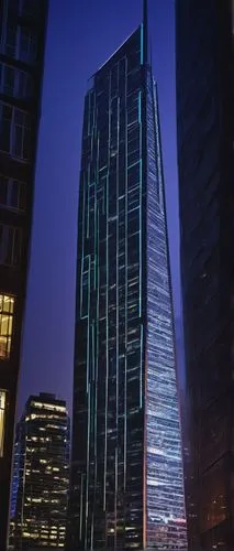 Futuristic skyscraper, metallic structure, sharp angles, reflective glass surfaces, neon lights illuminating the exterior, towering high-rise building, urban cityscape, nighttime setting, misty atmosp