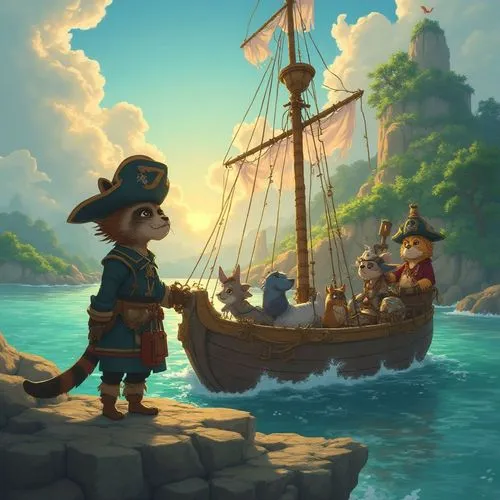  "A scene inspired by 'The Secret of Monkey Island (1990)', reimagined with anthropomorphic characters. An anthropomorphic raccoon pirate, wearing a tattered tricorn hat and a weathered coat, stands a