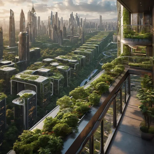 Looking from a balcony. Design a sprawling, futuristic metropolis suspended in mid-air. Incorporate intricate networks of walkways, towering skyscrapers, and lush green spaces. Consider how gravity-de