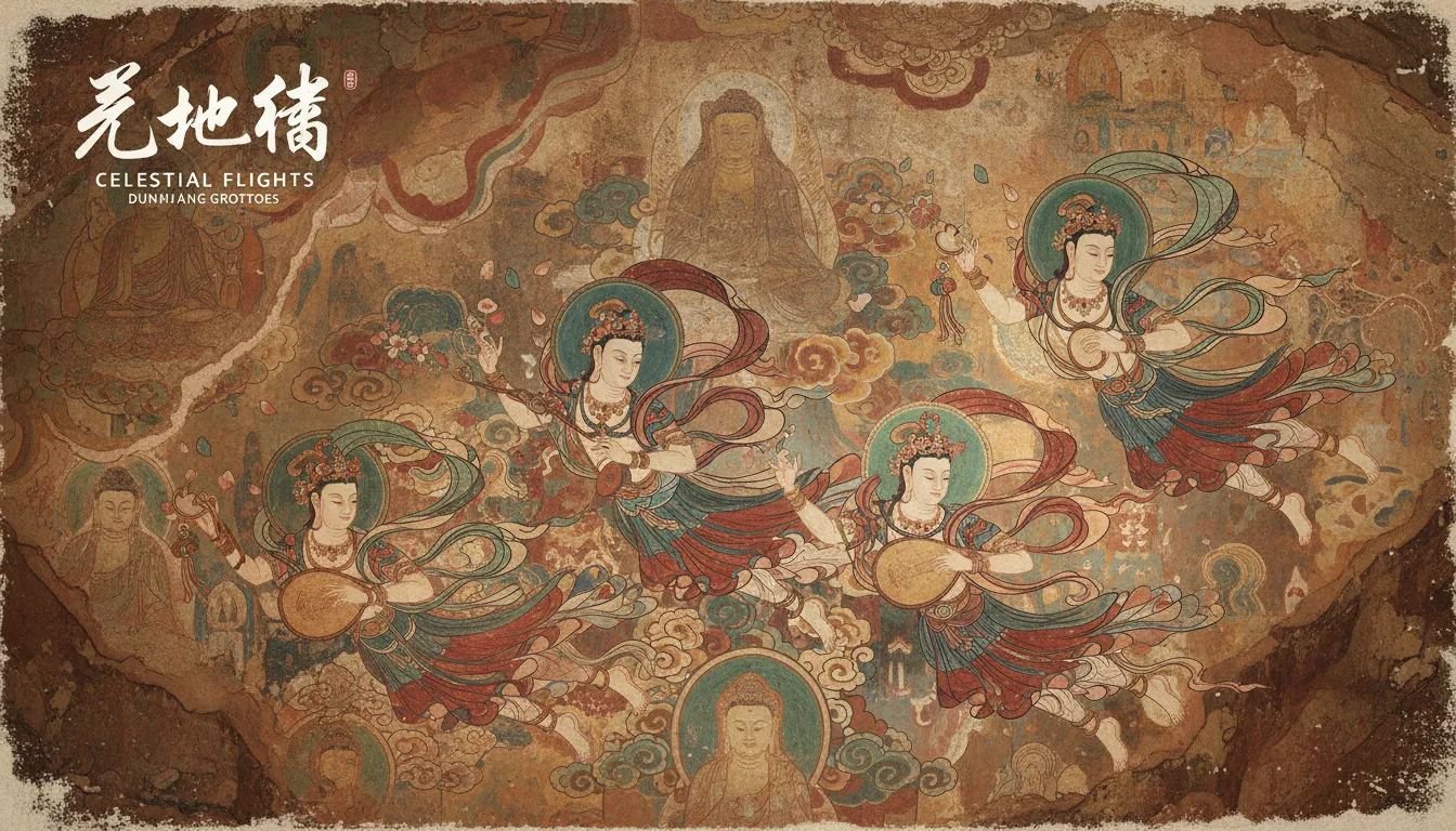 Un poster generato dall'IA in stile Dunhuang con graziose apsara volanti su uno sfondo ricco e testurizzato di un murale rupestre.